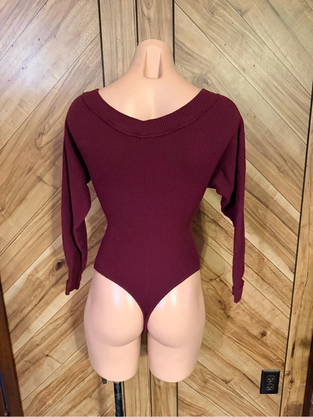 ⁠Intimately Free People Womens XS Burgundy Faux Wrap Ribbed Thermal Bodysuit
